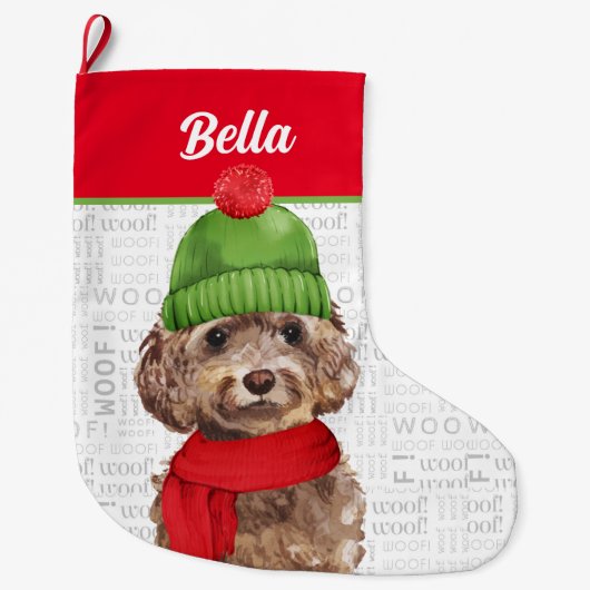 Kerst Cockapoo met Dog's naam Grote Kerstsok (Voorkant)