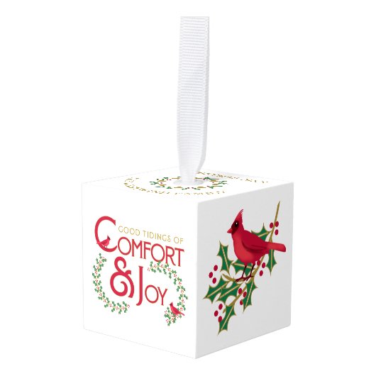 Kerst Comfort en vreugde gepersonaliseerd Kubus Ornament (Voorkant hoekig)