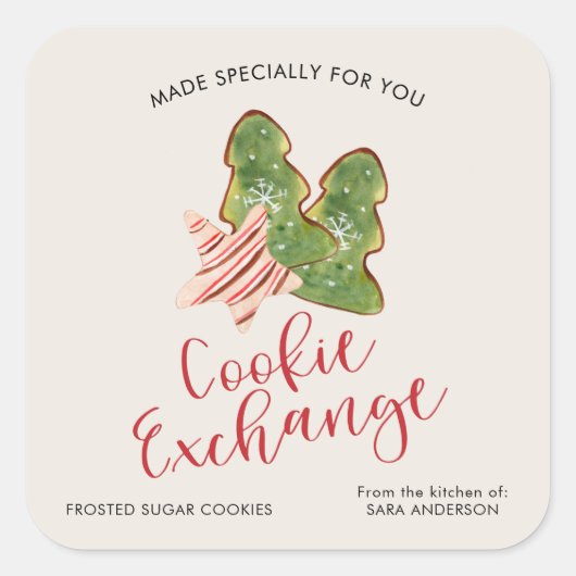 Kerst Cookie Exchange Trendy Waterverf Vierkante Sticker (Voorkant)