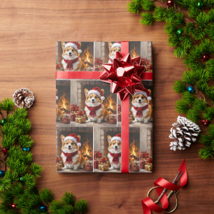 Kerst Corgi Hond bij de Haard Cadeaupapier