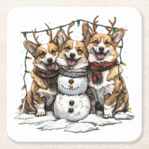 Kerst Corgi Honden Sneeuwman Vierkante Kartonnen Onderzetter