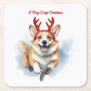 Kerst Corgi met rendiergewei springen Vierkante Kartonnen Onderzetter