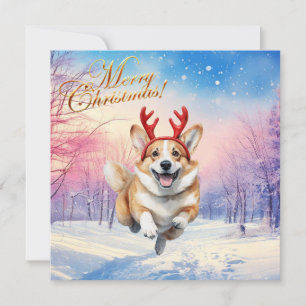 Kerst Corgi Rendier hoorns springend in sneeuw Feestdagenkaart
