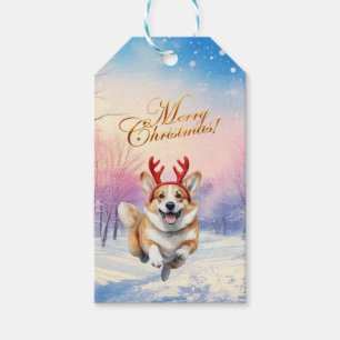 Kerst Corgi Rendiergewei springen in de sneeuw Cadeaulabel