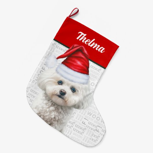 Kerst Coton de Tulear Naam Woof Achtergrond Grote Kerstsok (Voorkant (Hangend))