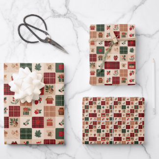 Kerst Cottagecore Geruite Cadeaus en Botanicals Inpakpapier Vel