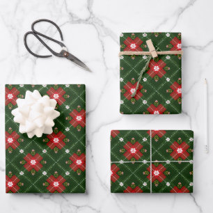 Kerst Cottagecore geruite met rode bloemenkruis Inpakpapier Vel