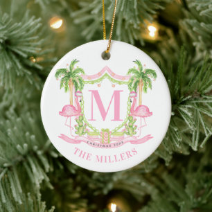 Kerst Crest met Preppy Flamingo Keramisch Ornament