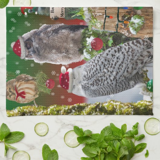 Kerst Critters Owls and Raccoon Theedoek (Gevouwen)