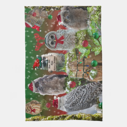 Kerst Critters Owls and Raccoon Theedoek (Verticaal)