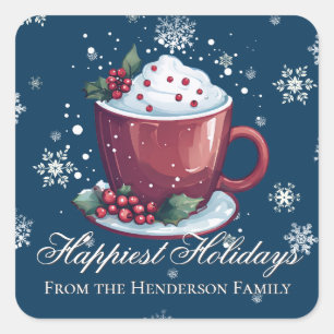Kerst Cup Warme Chocolademelk Blauw Vierkante Sticker