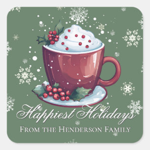 Kerst Cup Warme Chocolademelk Groen Vierkante Sticker