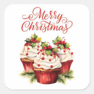Kerst Cupcake met Hulstbessen Vierkante Sticker