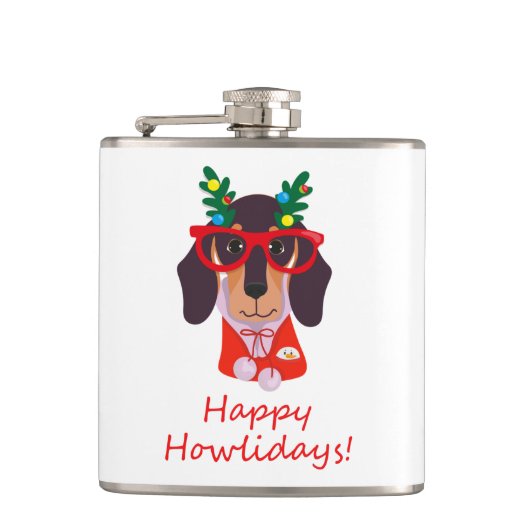 Kerst Cute Grappige Hond Dachshund Howlidays 6 oz Heupfles (Voorkant)