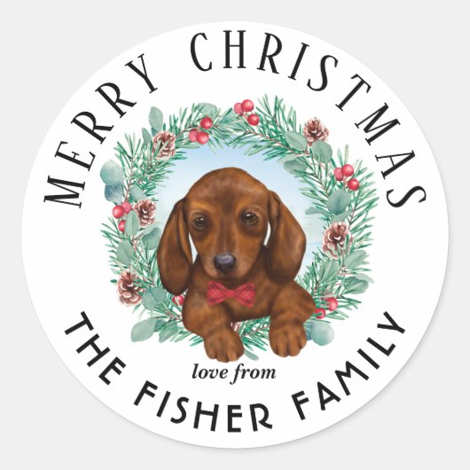 Kerst Dachshund Dog Merry & Bright Sticker (Voorkant)