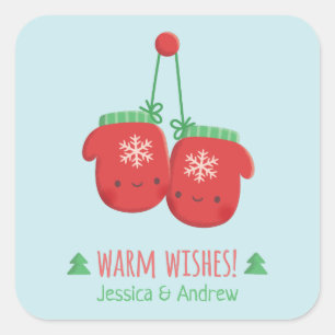 Kerst decoratie warme wensen knuffel handschoenen vierkante sticker