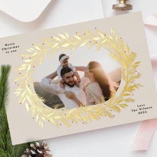 kerst dennenboom frame krans elegant foto Goud Folie Feestdagenkaart