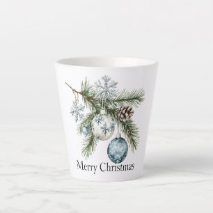 Kerst dennenboom sneeuwvlok blauwe witte ornamente latte mok