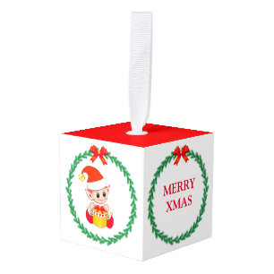 Kerst dennenkrans met leuke elf & engel kubus ornament