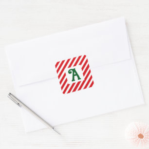 Kerst Diagonaal Rood en Witte Strepen Initiaal Vierkante Sticker