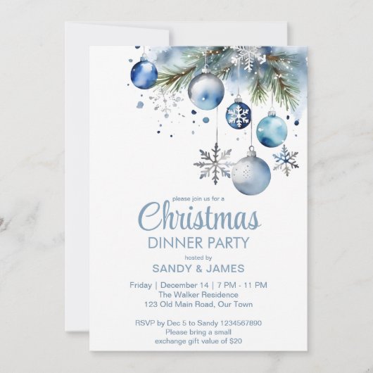 Kerst diner partij zilveren blauwe baubles kaart (Voorkant)
