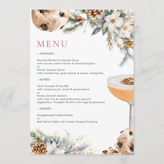 Kerst dinerfeest met cocktails en winterbloemen menu (Voorkant)