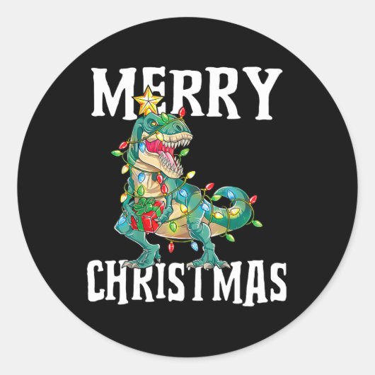 Kerst Dinosaur Tree Rex Pyjama Vrolijk Kerstfeest Ronde Sticker (Voorkant)