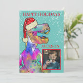 Kerst Dinosaurus Custom Foto Feestdagenkaart (Staand voorkant)