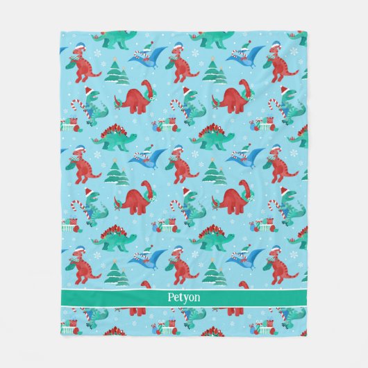 Kerst Dinosaurus Kinder Fun Holiday gepersonalisee Fleece Deken (Voorkant)