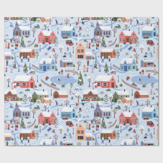 Kerst dorp mensen patroon cadeaupapier (Vlak)