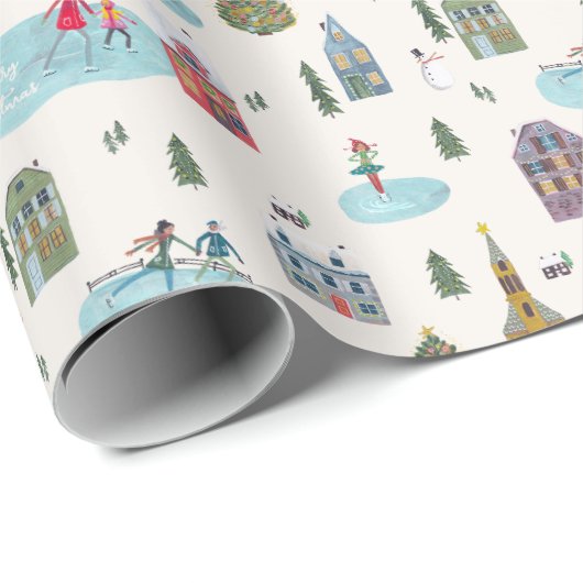 Kerst Dorp Patroon tekst 'Vrolijk Kerstfeest' Cadeaupapier (Rol Hoek)