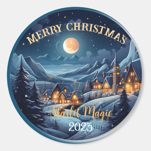 Kerst dorp 's nachts ronde sticker (Voorkant)