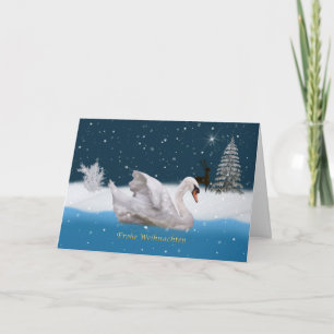 Kerst, Duitse taal, besneeuwde nacht met zwaan Feestdagen Kaart