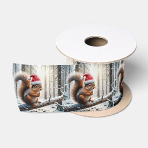Kerst eekhoorn op besneeuwde boomtak lint