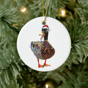 Kerst Eend met pet en verlichting Keramisch Ornament
