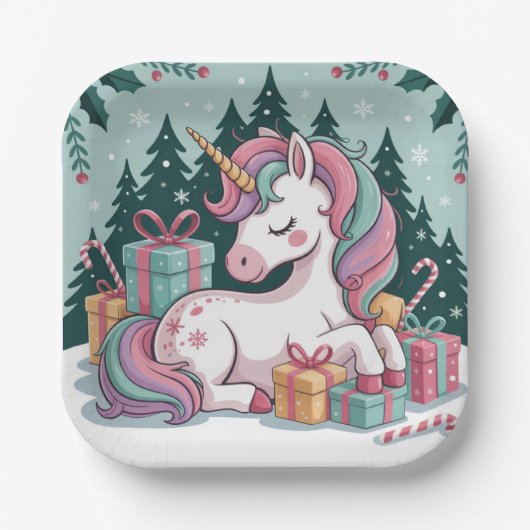 Kerst Eenhoorn Party Borden Papieren Bordje (Voorkant)