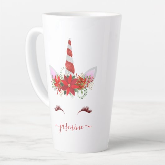 Kerst Eenhoorn Rood Bloemen Goud Wimpers Naam Latte Mok (Linkerhoek)