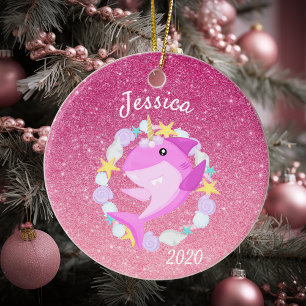 Kerst Eenhorn Roze Haai Glitter Op Maat Gemaakt Keramisch Ornament