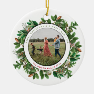 Kerst Eikel Krans Familie Foto Keramisch Ornament