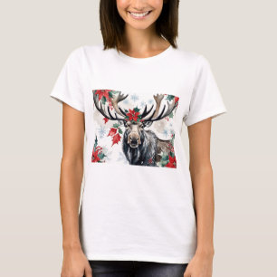 Kerst-Eland Met Grote Geweien En Poinsettia's T-shirt