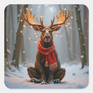 Kerst-Eland met Sjaal en Lichtjes Vierkante Sticker