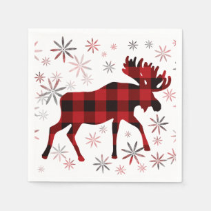 Kerst eland rood geruit sneeuwvlokken servet