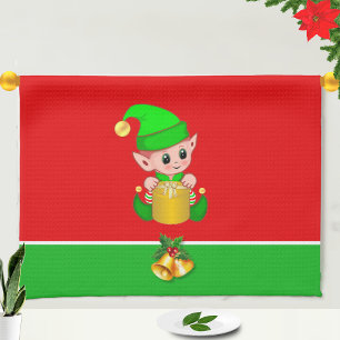 Kerst Elf Cute op Groen en Rood Theedoek