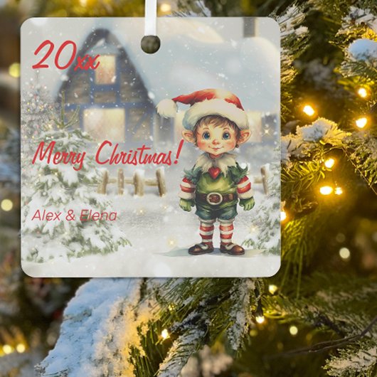 Kerst elf huis Metal Square Ornament