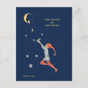 Kerst elf, maan en cadeau - donkerblauwe nacht feestdagenkaart