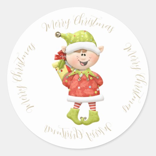 Kerst Elf met Cadeau Ronde Sticker (Voorkant)