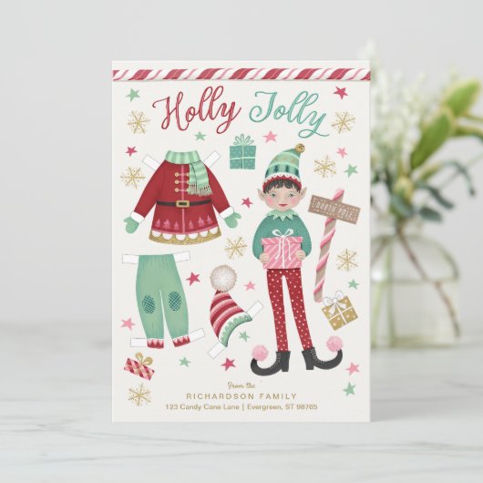 Kerst Elf Paper Doll Flat Holiday Kaart (Staand voorkant)