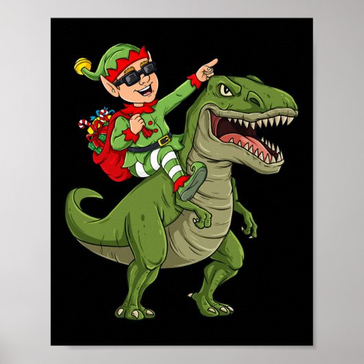 Kerst Elf Rijden Dinosaurus T Rex Boys Kinder Plez Poster (Voorkant)