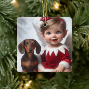 Kerst Elfje en Dachshund kaart Keramisch Ornament