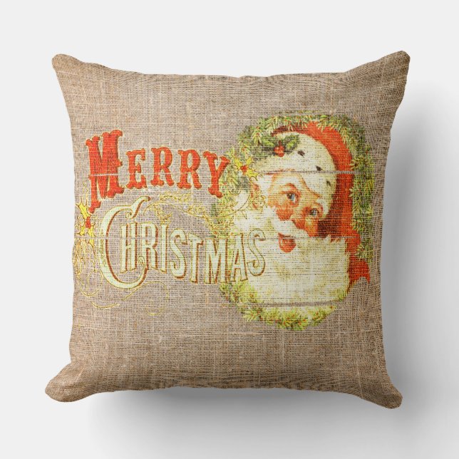  kerst en kerstman op Rustic Burlap Kussen (Voorkant)